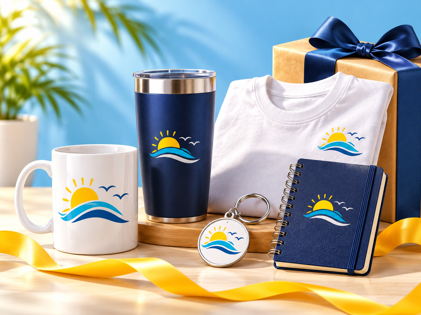 Composição ilustrativa de presentes e brindes personalizados da loja